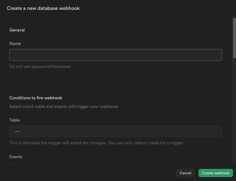 Supabase Creating webhook screen