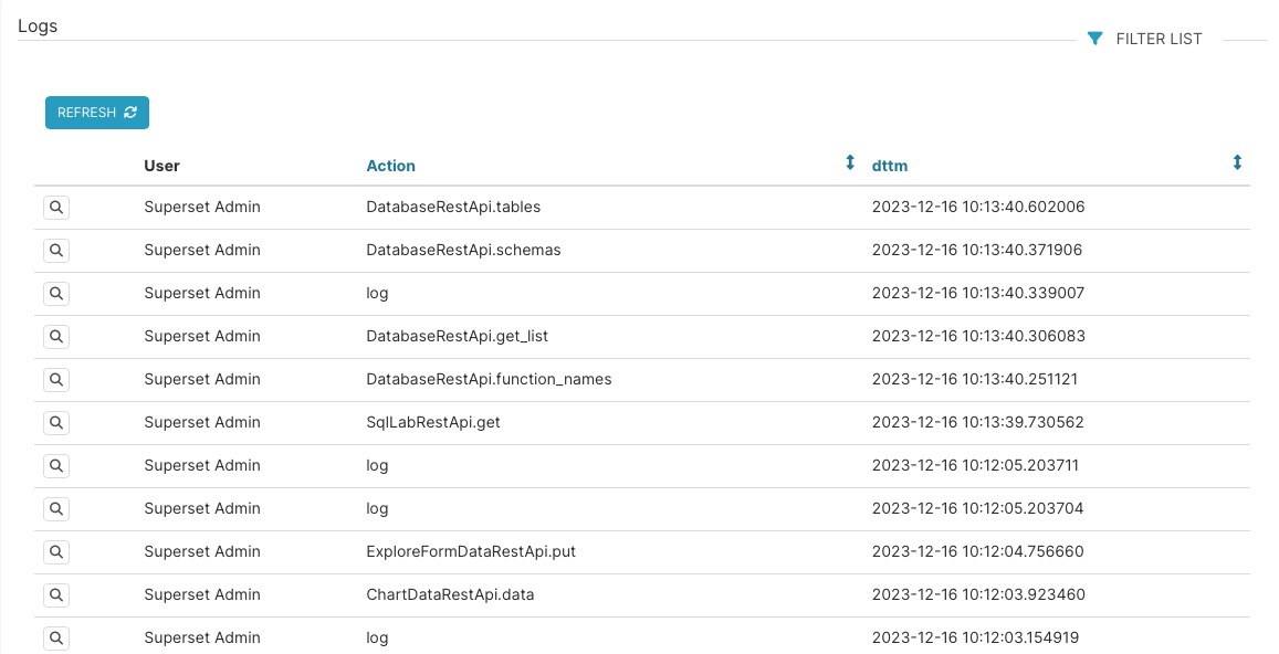 Superset logs screen