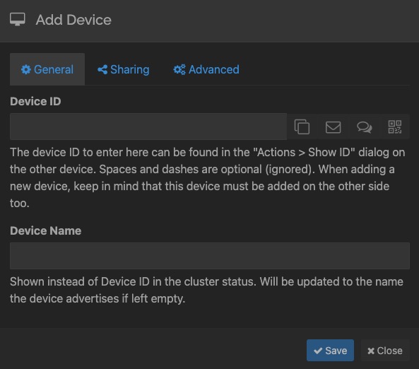 Syncthing adding device screen