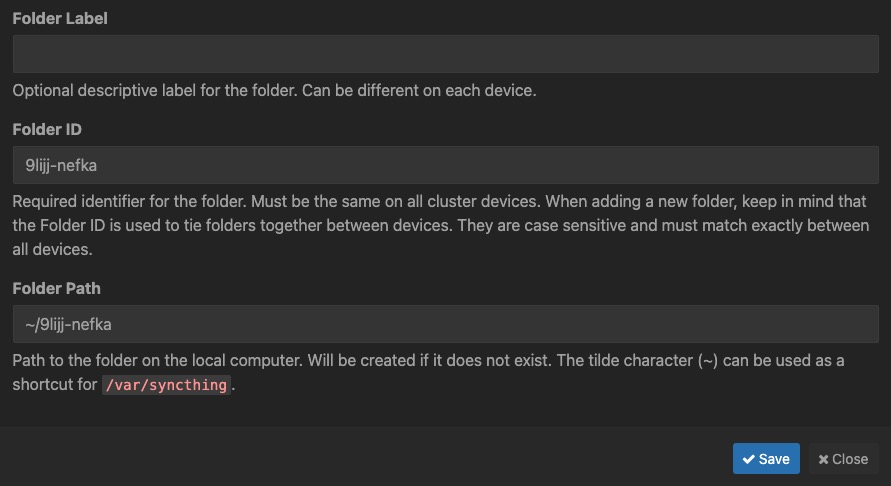 Syncthing creating folder screen