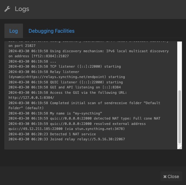 Syncthing logs screen