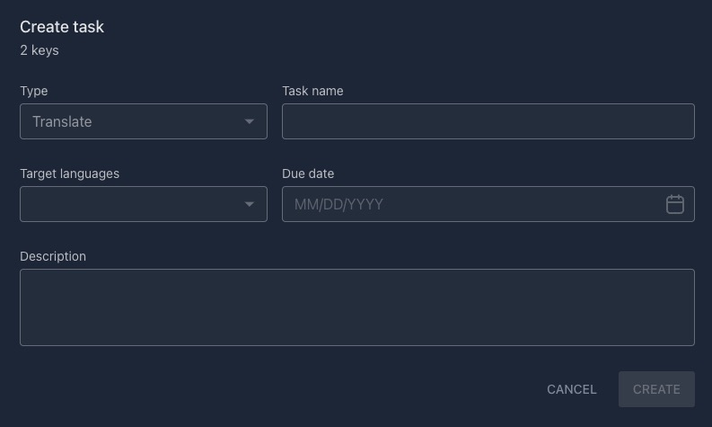 Tolgee creating tasks screen