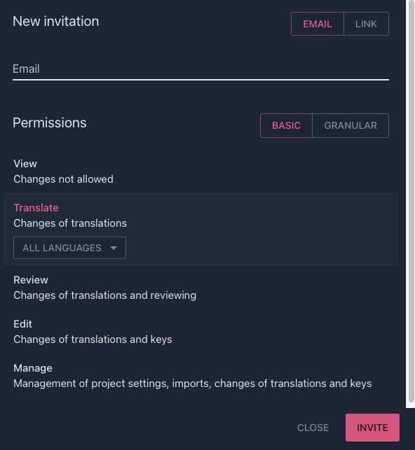 Tolgee user invitation screen