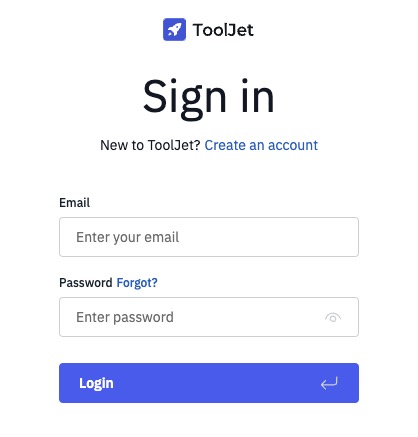 ToolJet login screen