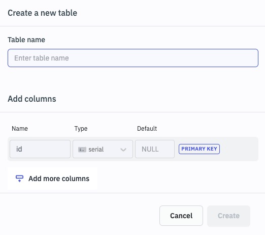 ToolJet creating new table screen