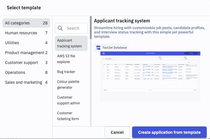 ToolJet selecting template screen