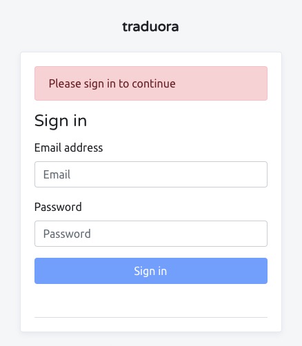 Traduora login screen
