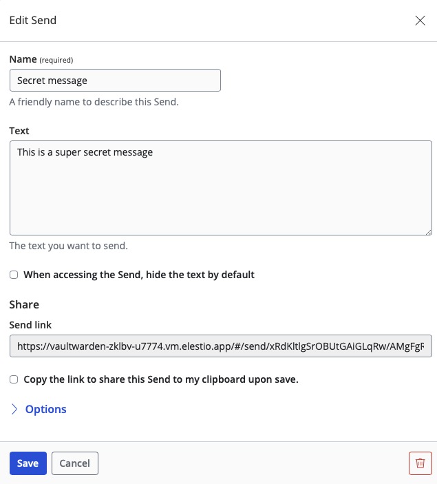 Vaultwarden send screen