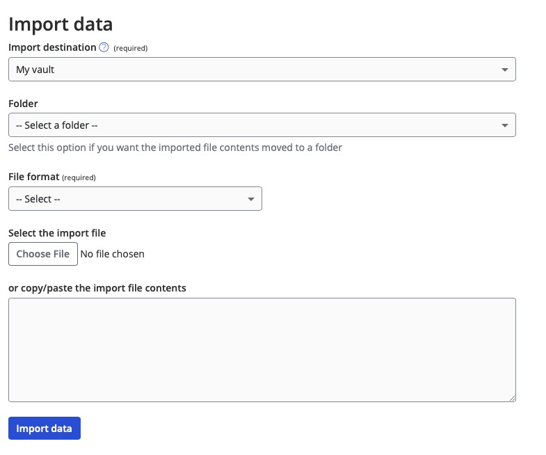 Vaultwarden import screen
