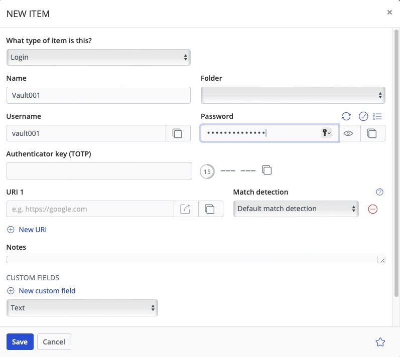 Vaultwarden new vault screen