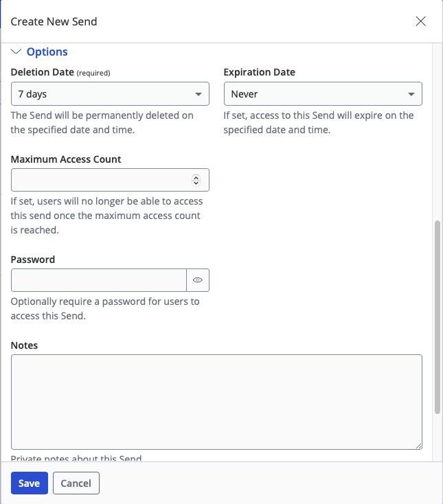 Vaultwarden send screen