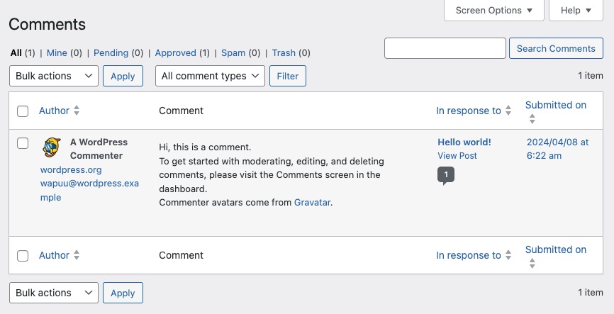 Wordpress comments screen