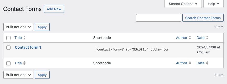 Wordpress contact forms screen