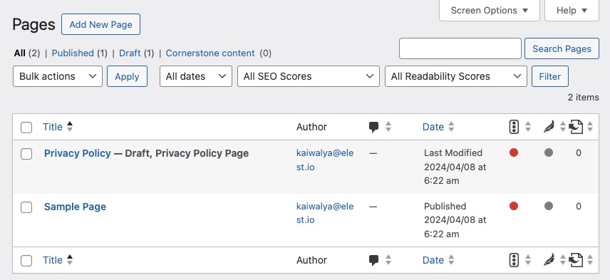 Wordpress pages screen