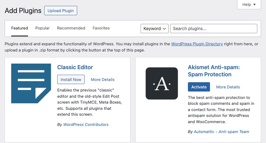 Wordpress plugins screen