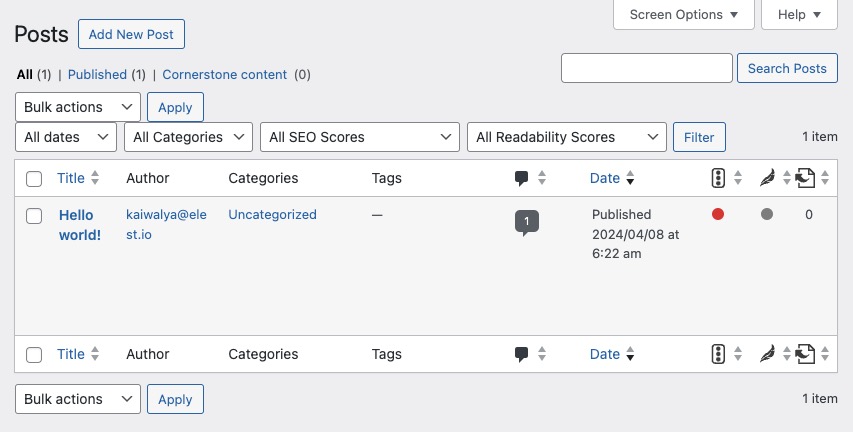 Wordpress posts screen