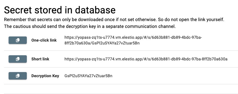 Yopass secret stored in database screen