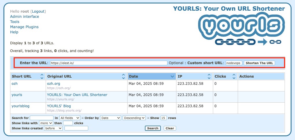 Yourls Creating Short URL screen