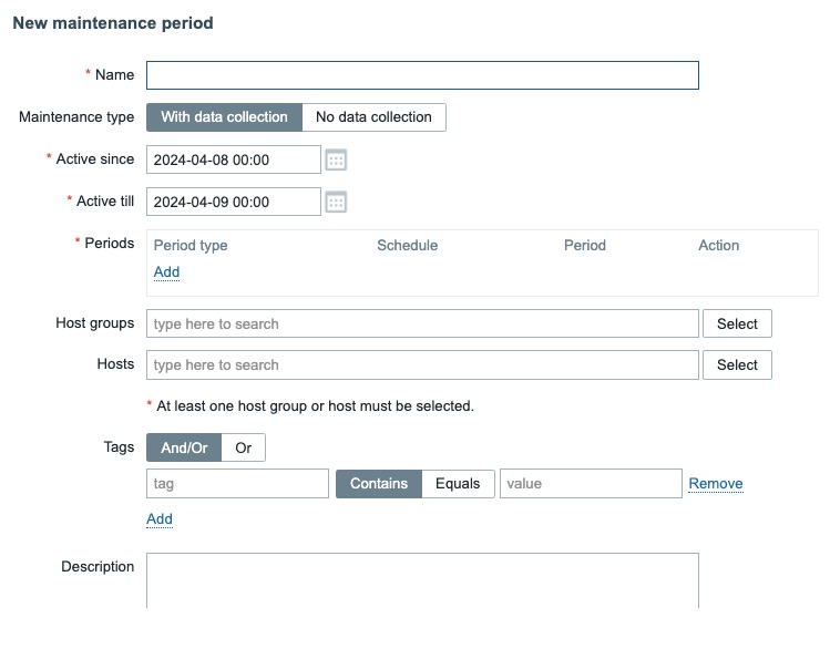 Zabbix maintenance screen