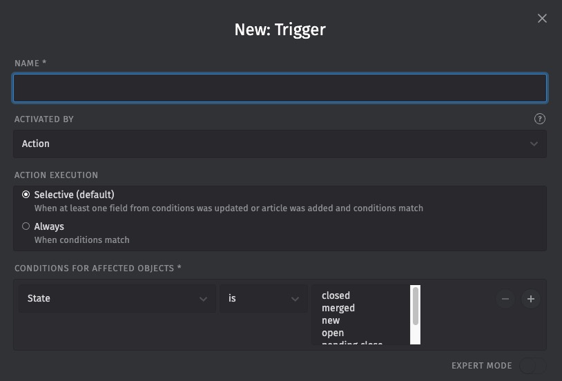 Zammad trigger screen