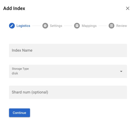 Zinc Search index screen