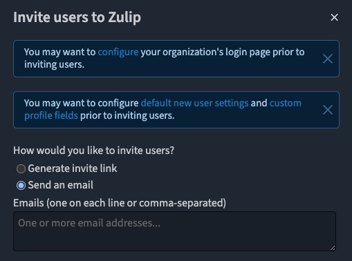 Zulip invite screen